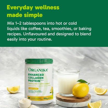 Organika Canadian-Made Enhanced Collagen Protein Powder- Lemon - For Healthy Hair, Skin, Nails, Joints - Hydrolyzed Peptides For Better Absorption – Grass-Fed, Non-GMO - 252g