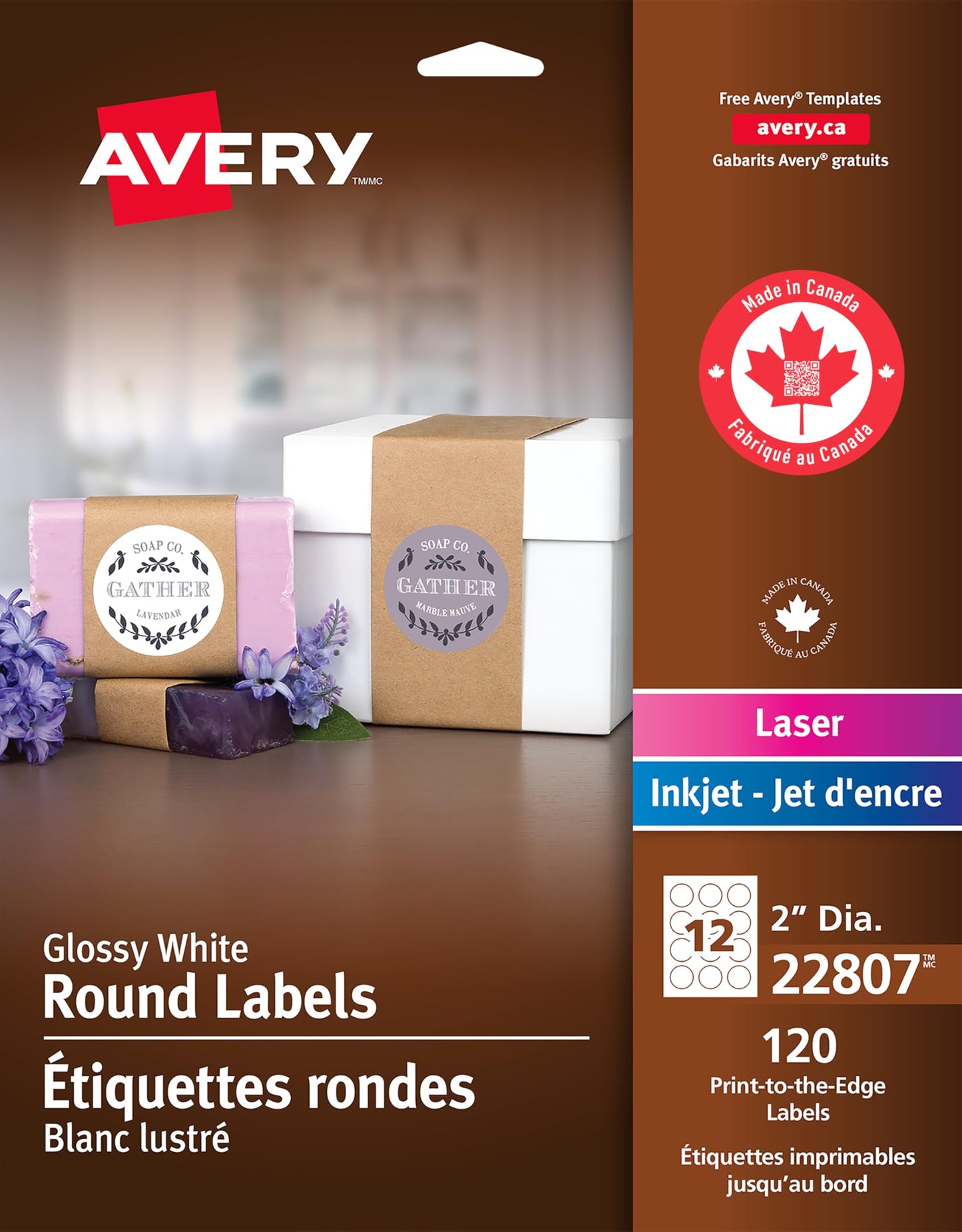 Avery 2" Inch Round Labels, Glossy White, Permanent, 120 Labels, Inkjet/Laser (22807) Made in Canada