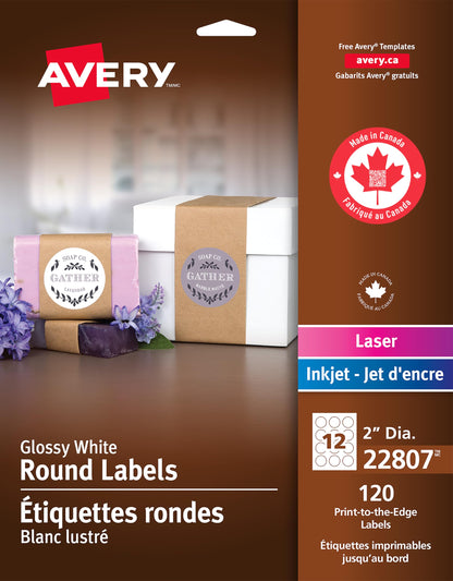 Avery 2" Inch Round Labels, Glossy White, Permanent, 120 Labels, Inkjet/Laser (22807) Made in Canada