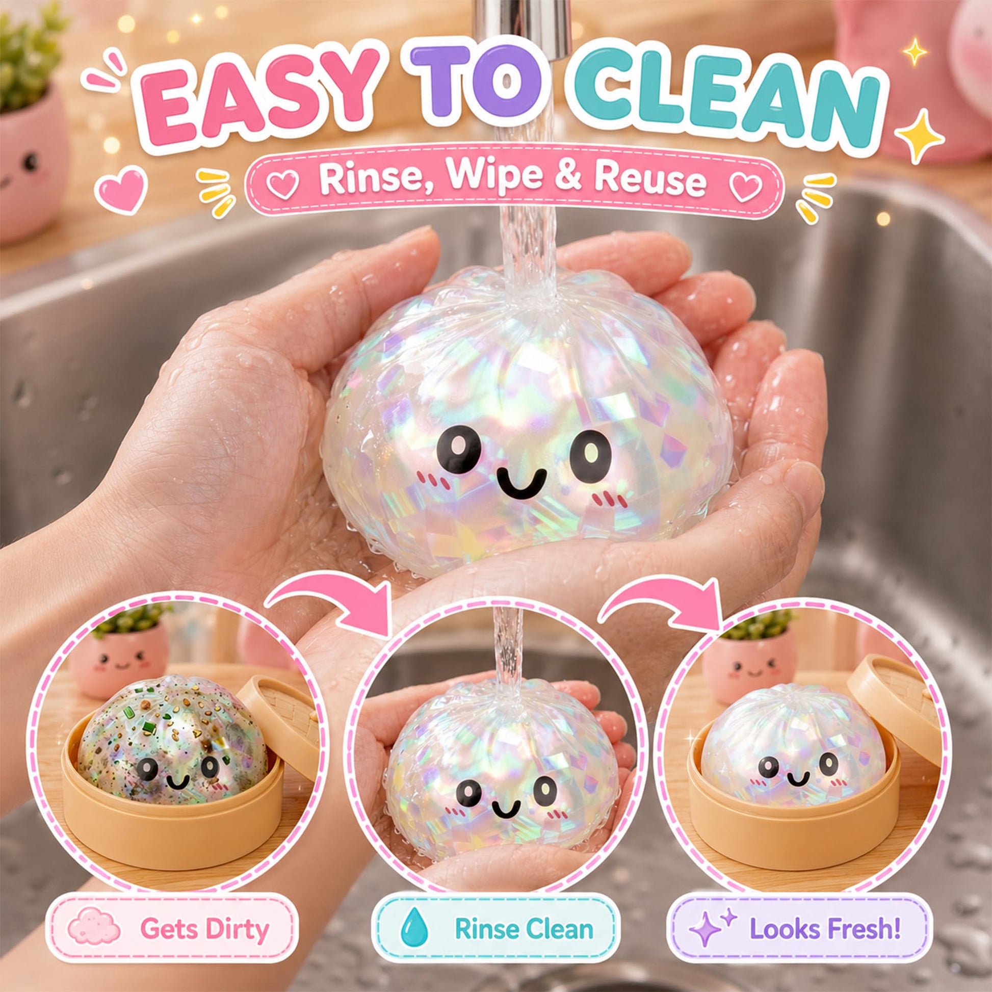 Dumpling Squishy Toys, 4 Pack Slow Rising Glitter Squishies, Cute Squishy Dumpling Stress Ball Squeeze Toys, Fidget Sensory Squishy Food for Kids Adults, Easter Basket Stuffers(Colorful)