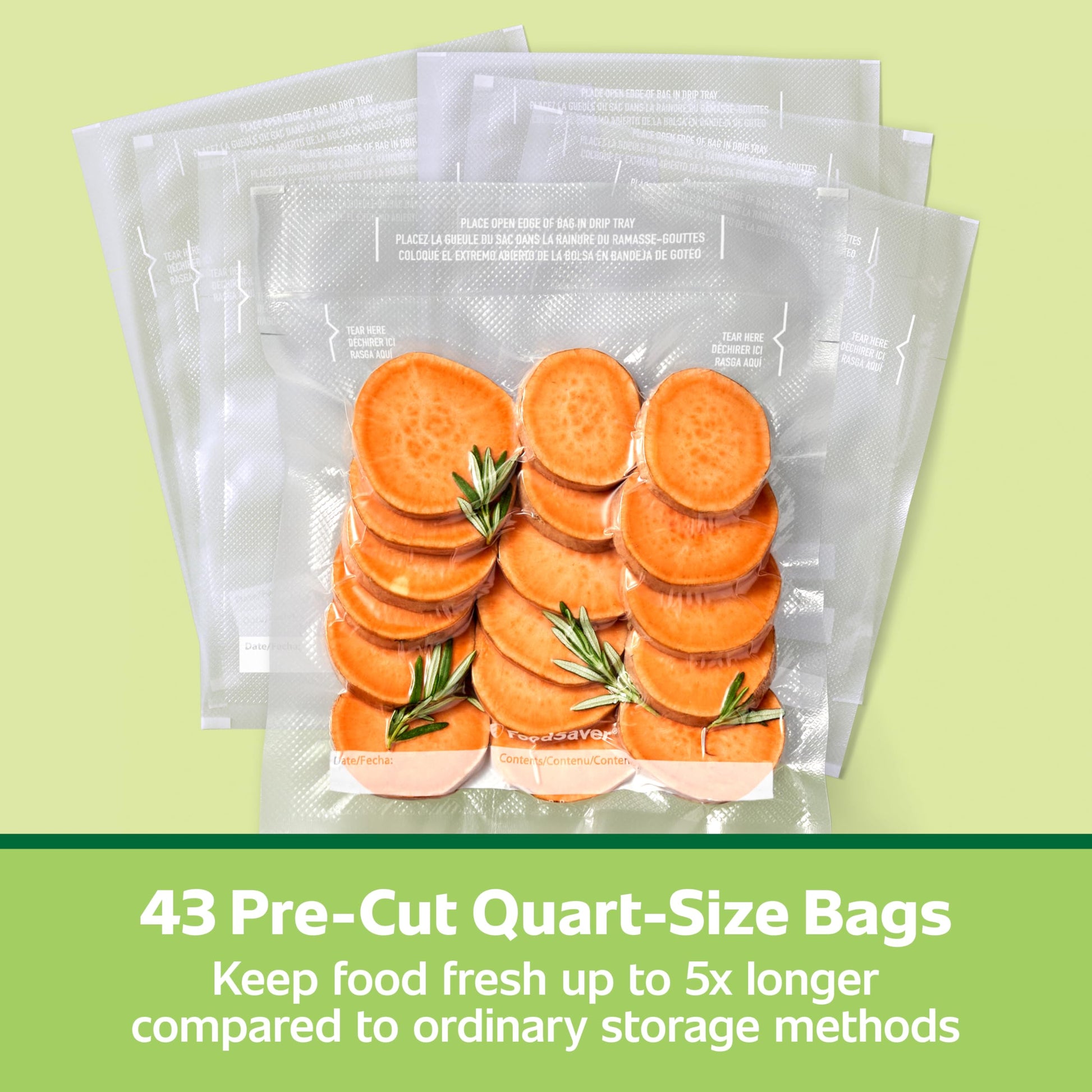 FoodSaver Quart Pre-Cut Vacuum Seal Bags (946 mL), Easy Use, Align to Seal and Tear to Open Vacuum Sealer Food Storage Bags, 43 Pack FOODSAVER