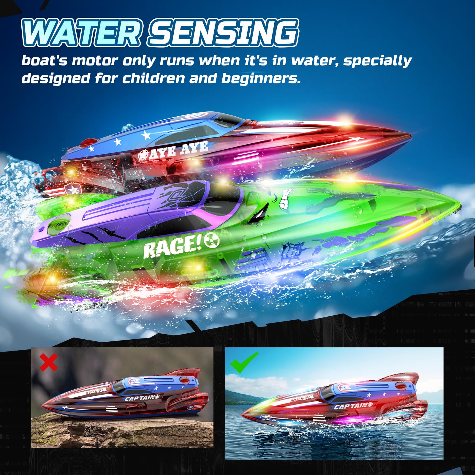 DEERC 2 Pack 13 inch Remote Control Boat for Kids, 4 Batteries, 2.4Ghz RC Racing Boat with LED Lights for Pools and Lakes, Water Summer Toy Gift