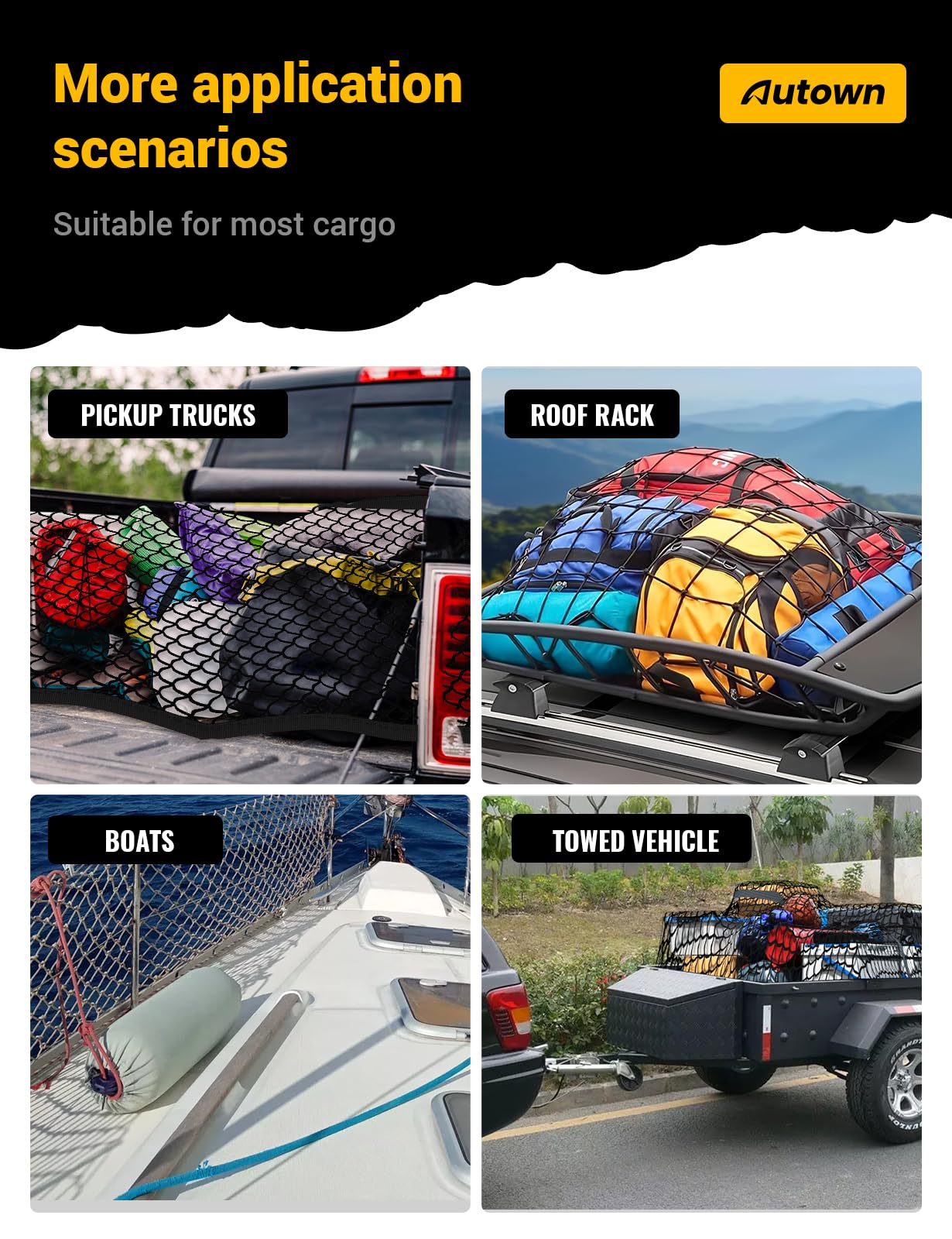 AUTOWN Cargo Net for Pickup Truck Bed - Stretchable 4'x4' to 7'x7', High Elastic Fine Mesh 1''x1'' with 8 Metal Carabiners - Ideal for ATV, SUV, UTV, Truck and Boat Use (Single Layer)