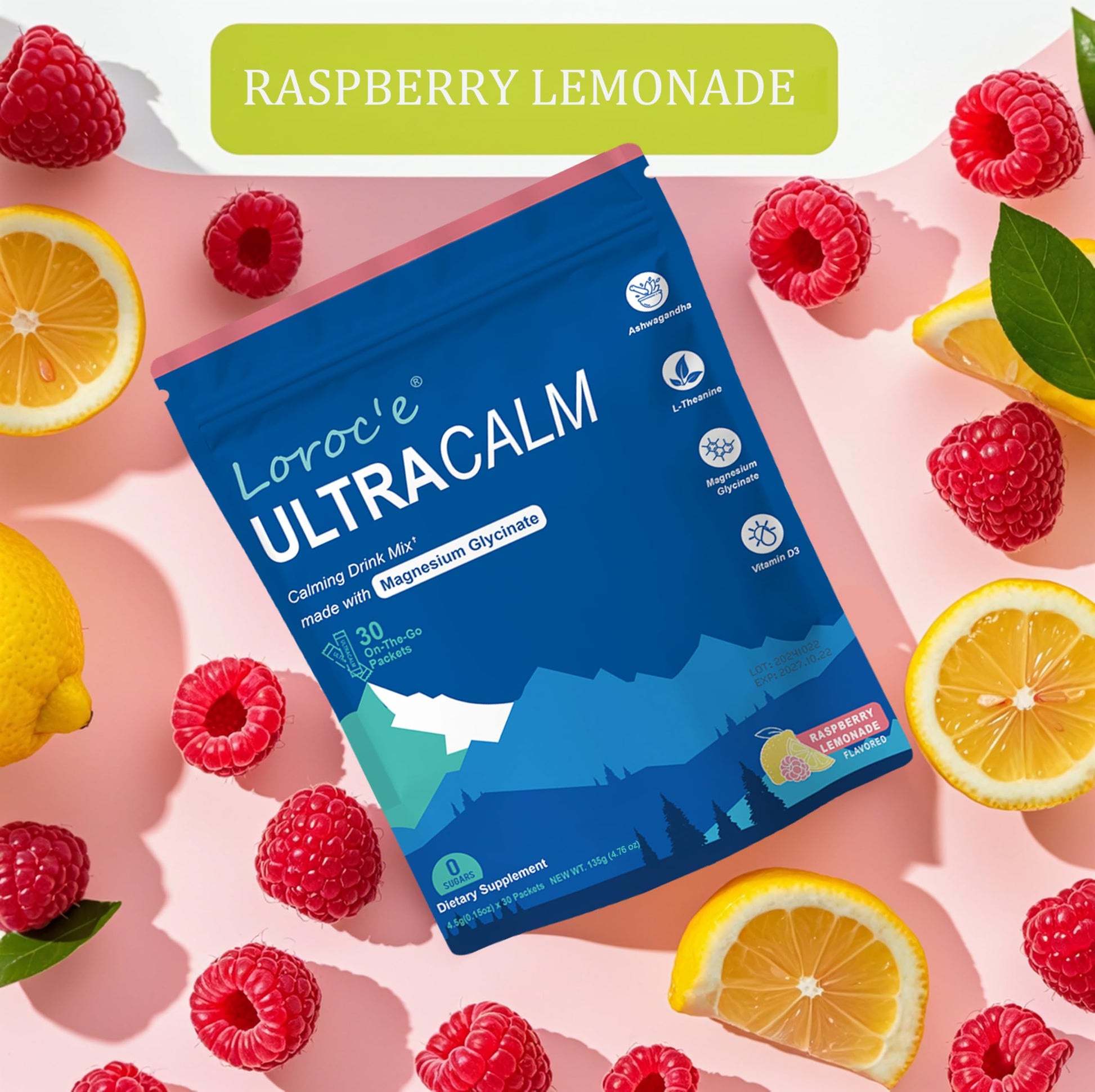 UltraCalm Cortisol Super Drink Packets, Sugar-Free, with Vitamin D, Raspberry Lemonade Electrolytes Powder Packets, 30 Sticks