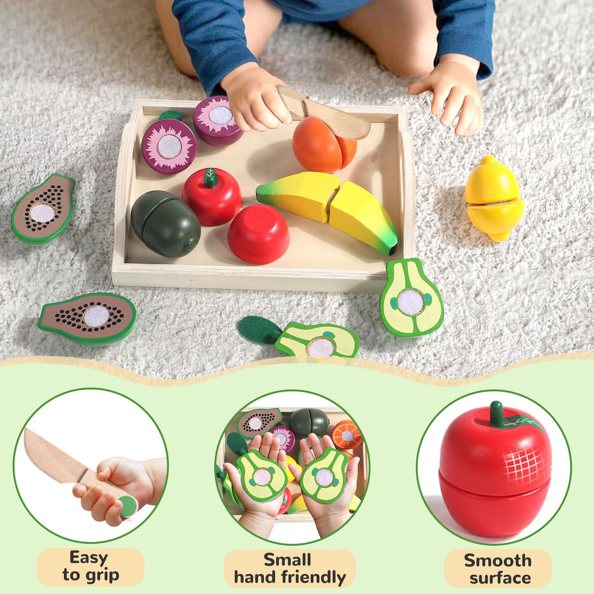 Wooden Play Food Set with Fruit Cutting, Montessori Toys for 2 Year Olds 🍁 All In One Marketplace Canada