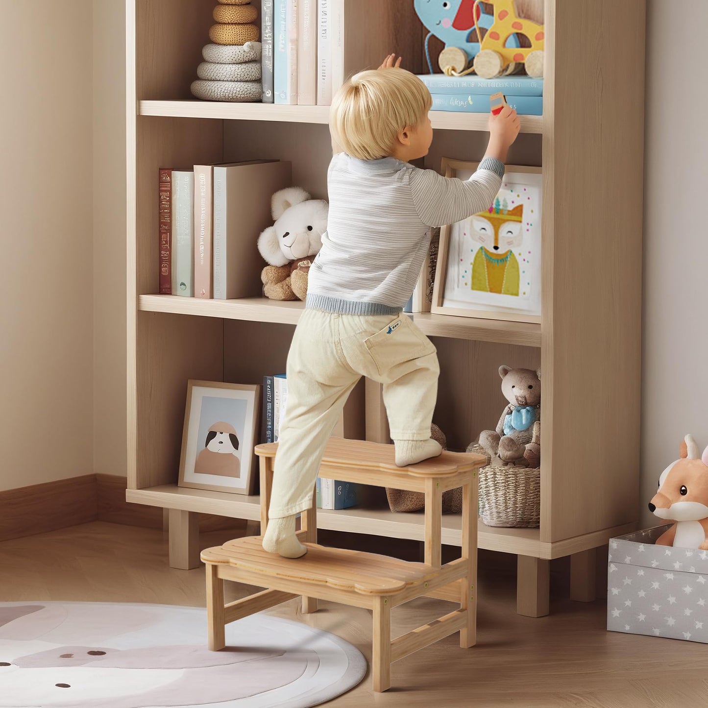 COSYLAND Bamboo Step Stool, Two Step Stools Toddler 300 lbs Capacity with Safety Non-Slip Pads, Bamboo Step Stool for Bathroom, Kitchen Dual Height Step Stools for Kids (Natural) 🍁 All In One Marketplace Canada