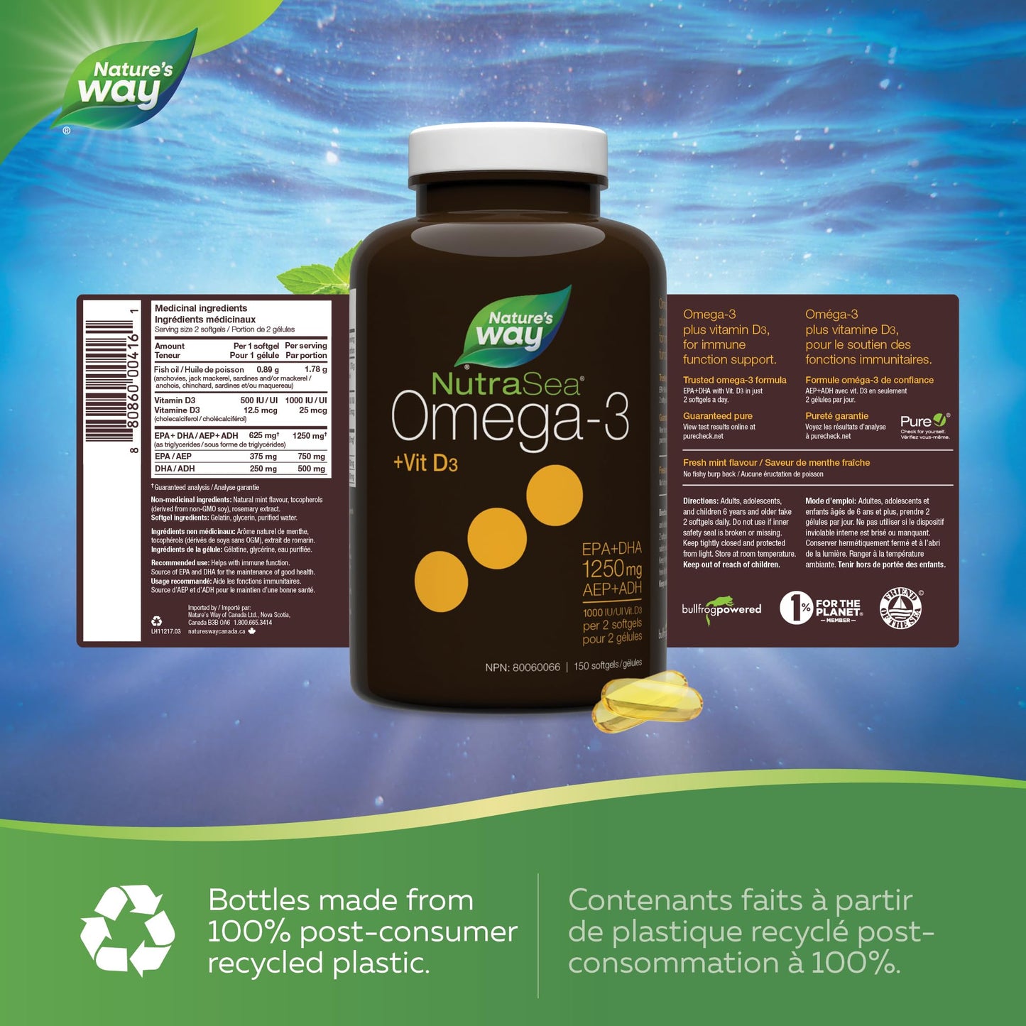 Nature's Way NutraSea +D Omega 3 + Vitamin D Softgels Supplement with Fish Oil – Fresh Mint Flavour – Heart, Brain, Bone & Immune Support for Adults and Kids 6+ – EPA & DHA + 1000IU D3, 150 Softgels Nature's Way