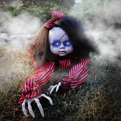 Poupée bébé rampante effrayante de Haunted Hill Farm, animatronique d'Halloween avec lumières et sons activés au toucher, décorations d'Halloween à piles pour l'intérieur ou l'extérieur couvert, accessoire effrayant pour Halloween