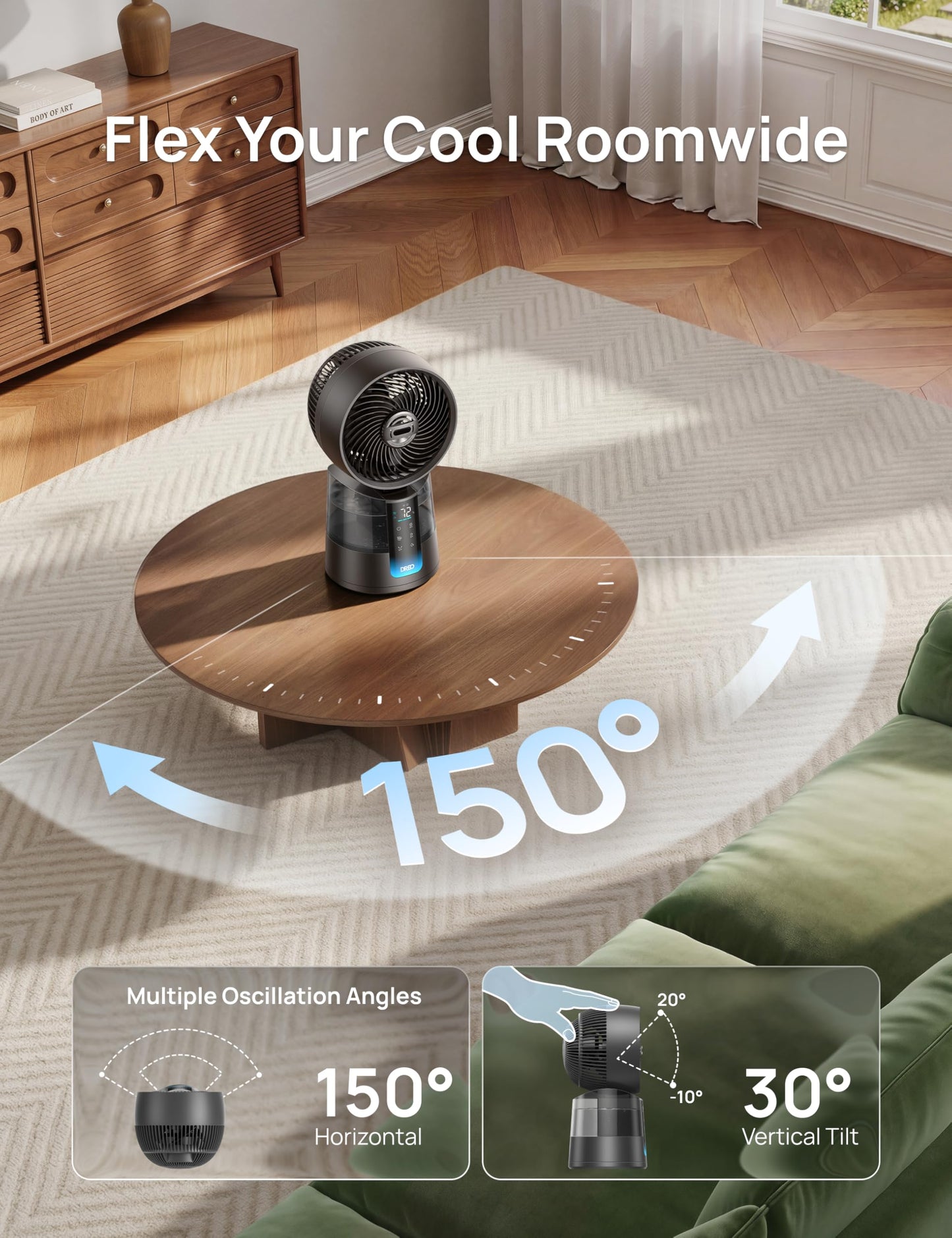 DREO TurboCool Misting Fan 516S, 150°+30°Omni-directional Oscillating Cooling Desk Fans that Blow Cold Air, 26 ft/s,Evaporative Air Cooler, 20dB, 6 Speeds 2 Modes, Remote & APP, RGB, Indoor, Grey - Available at All In One Marketplace Canada