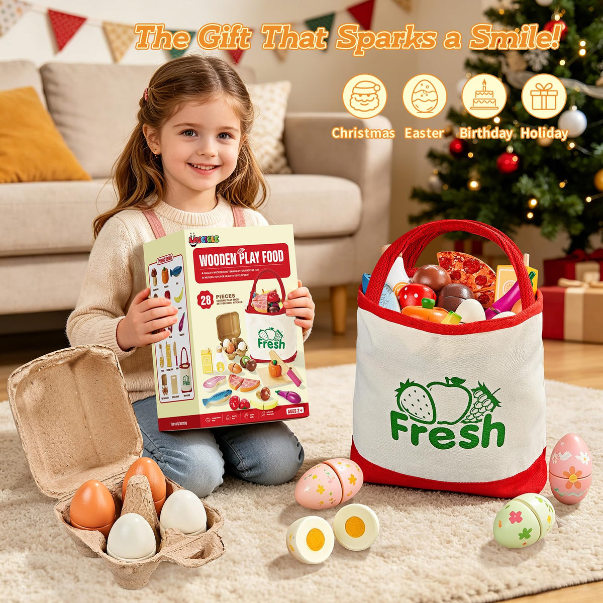 LAUGIGLE Wooden Play Food, Montessori Toy Food with Pizza Toy, Easter Eggs 🍁 All In One Marketplace Canada