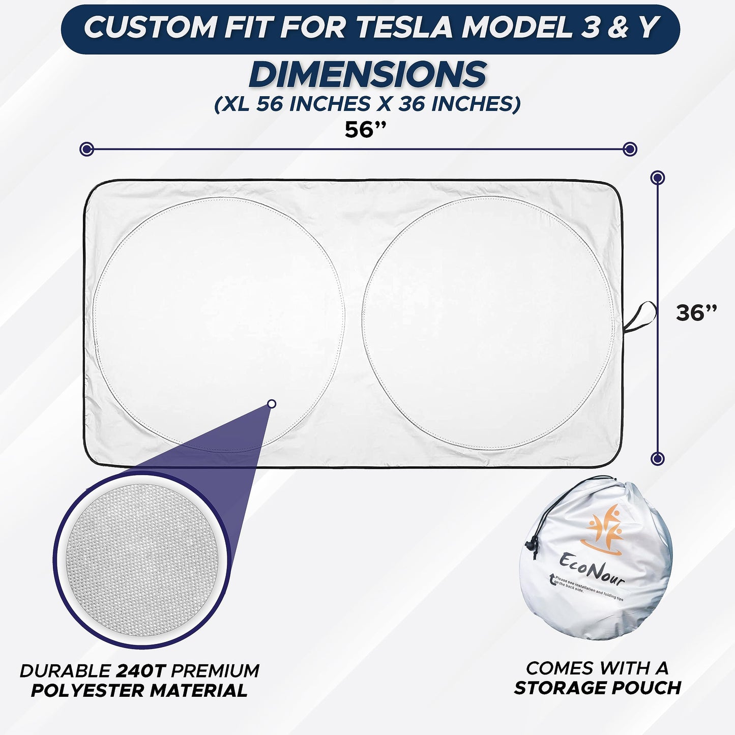 EcoNour Tesla Windshield Sunshade | 240T Polyester Shield for Model 3/Y | Superior UV & Heat Protection
