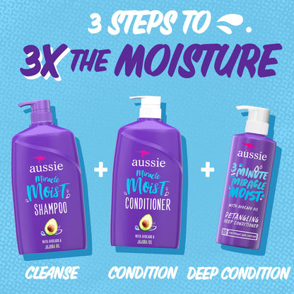 Aussie Miracle Moist Shampoo 778 mL, Miracle Moist Conditioner 778 mL, 3 Minute Miracle Deep Conditioner Hair Treatment 475 mL, Infused with Avocado & Australian Jojoba Oil, 2.03 L Total - Available at All In One Marketplace Canada