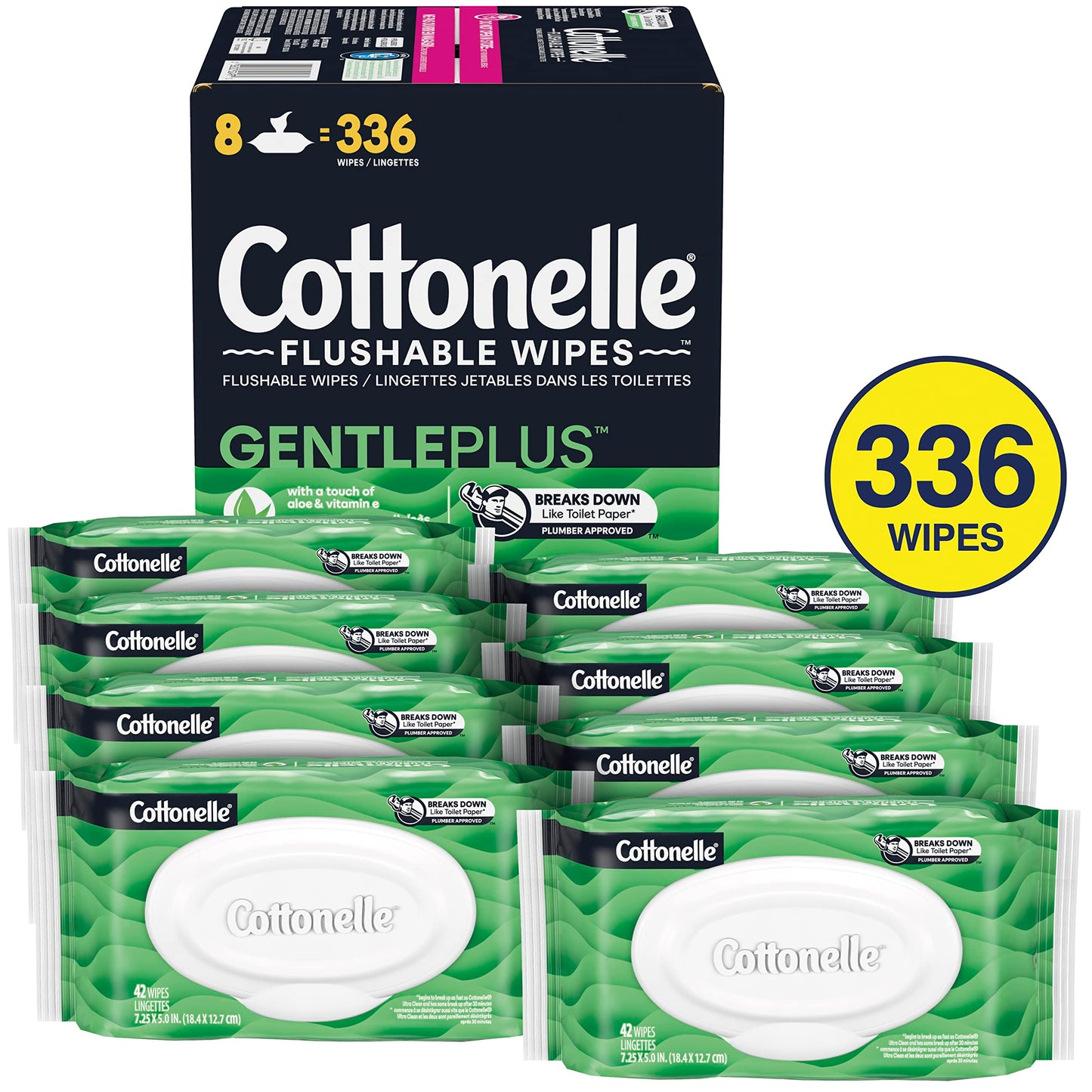Cottonelle GentlePlus Flushable Wet Wipes with Aloe & Vitamin E, Adult Wet Wipes, 8 Flip-Top Packs, 42 Wipes per Pack (336 Total Flushable Wipes)