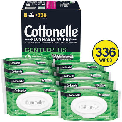 Cottonelle GentlePlus Flushable Wet Wipes with Aloe & Vitamin E, Adult Wet Wipes, 8 Flip-Top Packs, 42 Wipes per Pack (336 Total Flushable Wipes)