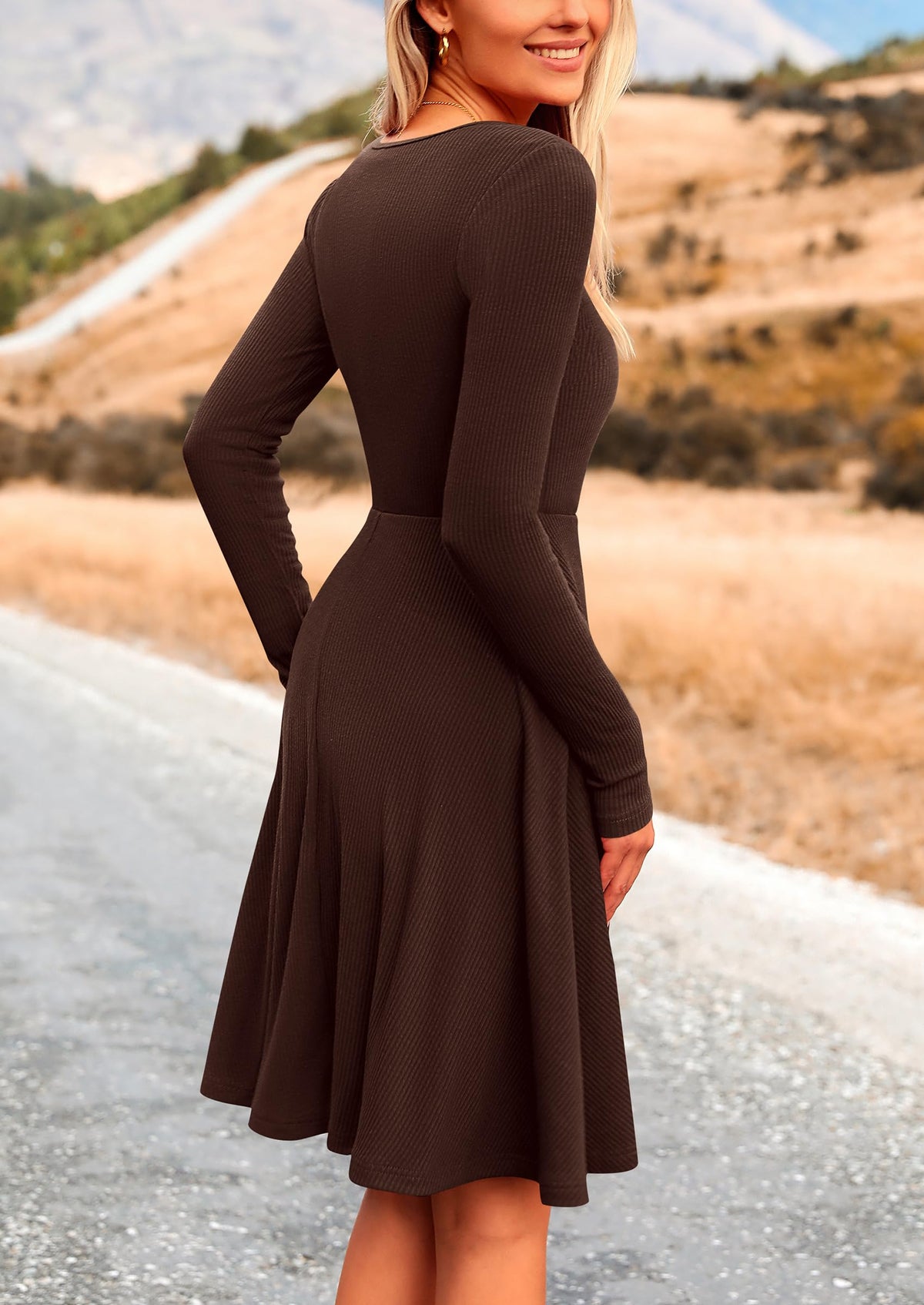 PRETTYGARDEN Women's Fall Casual Long Sleeve Short Dress Dark Coffee,M 🍁 All In One Marketplace Canada