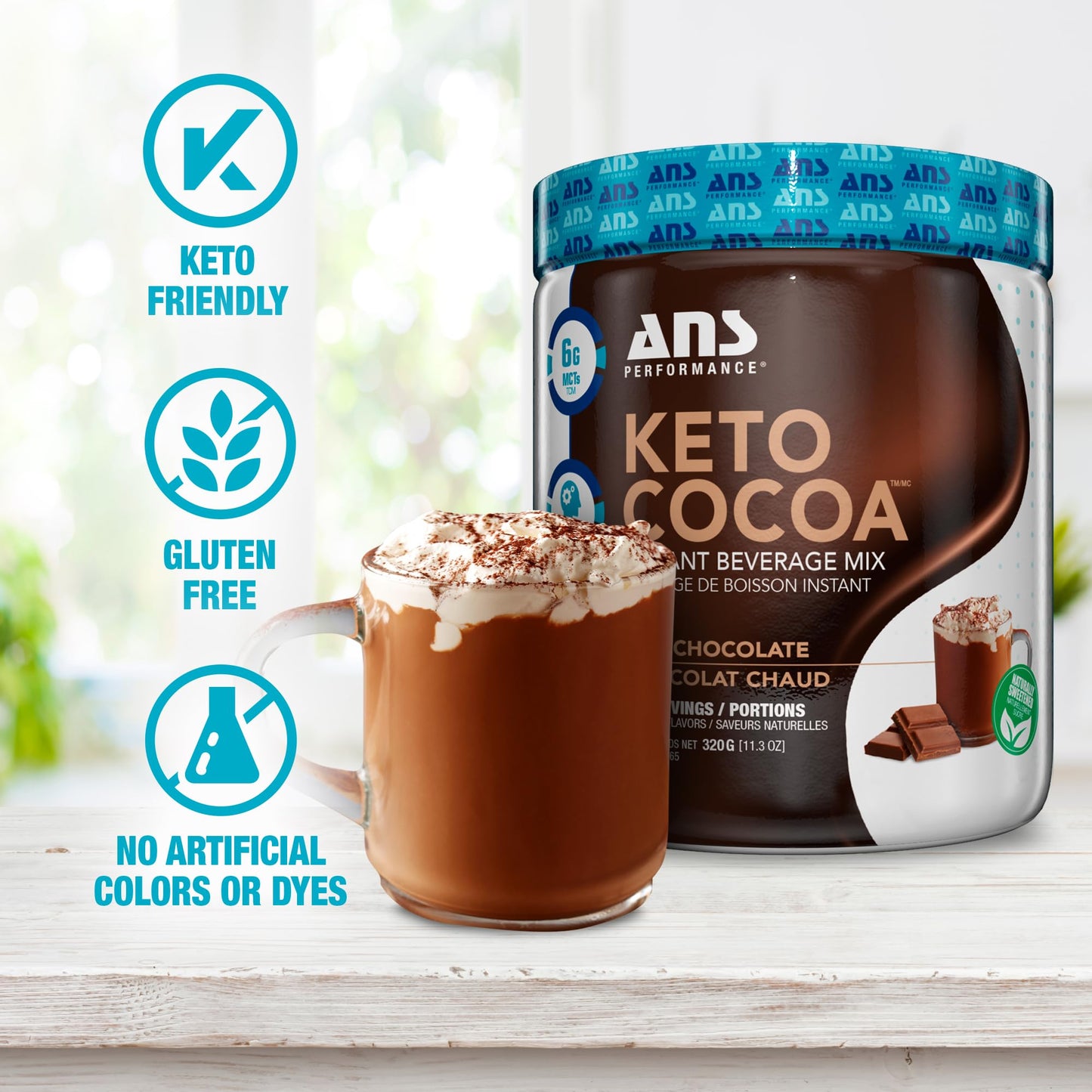 ANS Performance Keto Cocoa - Natural Sweetener Instant Hot Chocolate Mix - Low Carb, No Added Sugar - Gluten Free Keto Cocoa Powder - MCT Oil Blend - 20 Servings, 11.3 oz