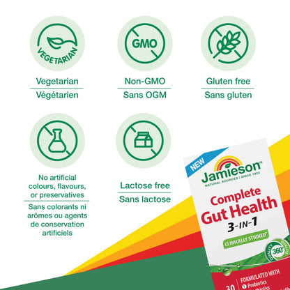 Jamieson Complete Gut Health 3-in-1, 30 Capsules, with Prebiotic Inulin, Probiotics, & Postbiotics. Supports Digestive Health. Reduces Bloating & the Incidence of Cold & Flu Symptoms in Winter Months 🍁 All In One Marketplace Canada