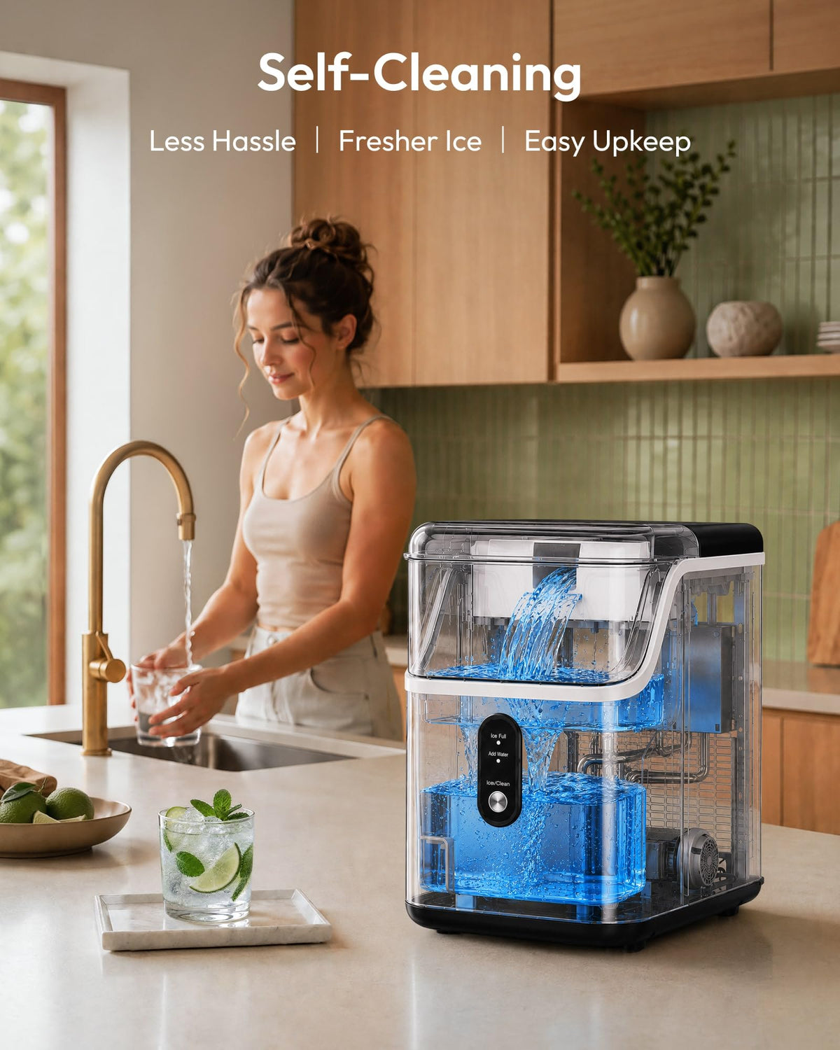 EUHOMY Nugget Ice Maker Countertop, Ready in 7 Mins, 34Lbs/24H Pebble Ice Maker Machine, Self-Cleaning Countertop Sonic Ice Makers with Ice Scoop&Basket, Pellet Ice Maker for Home, Stainless Steel