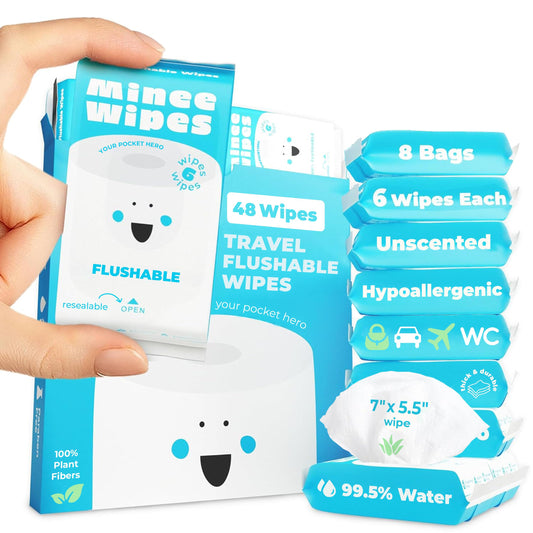 Impossibly Compact Travel Flushable Wipes - 99.5% Water and Aloe - Safe for Sensitive Skin, Hypoallergenic & Unscented - Travel Essentials for Adults, Kids & Baby Care (48 Wipes (8 Packs))