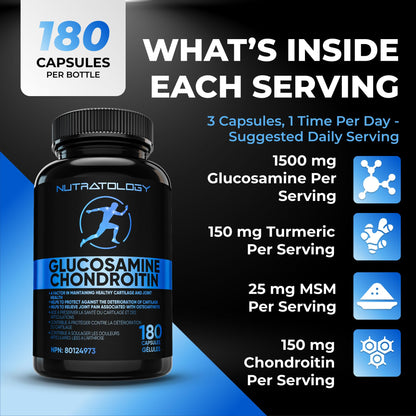 Nutratology® Glucosamine Joint Supplement with Chondroitin, MSM & Turmeric | Canadian-Made | Joint Pain Relief Supplements - 1500MG Glucosamine - Supports Healthy Joints & Cartilage - 180 Capsules - Available at All In One Marketplace Canada