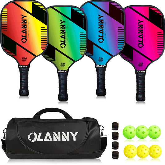 OLANNY Graphite Pickleball Paddles 4 Pack - Premium Rackets Fiber Face & Polymer Honeycomb Core Pickleball Set Includes 4 Pickleball Paddles + Balls+1 Bag (Gradient Pickleball Paddles)