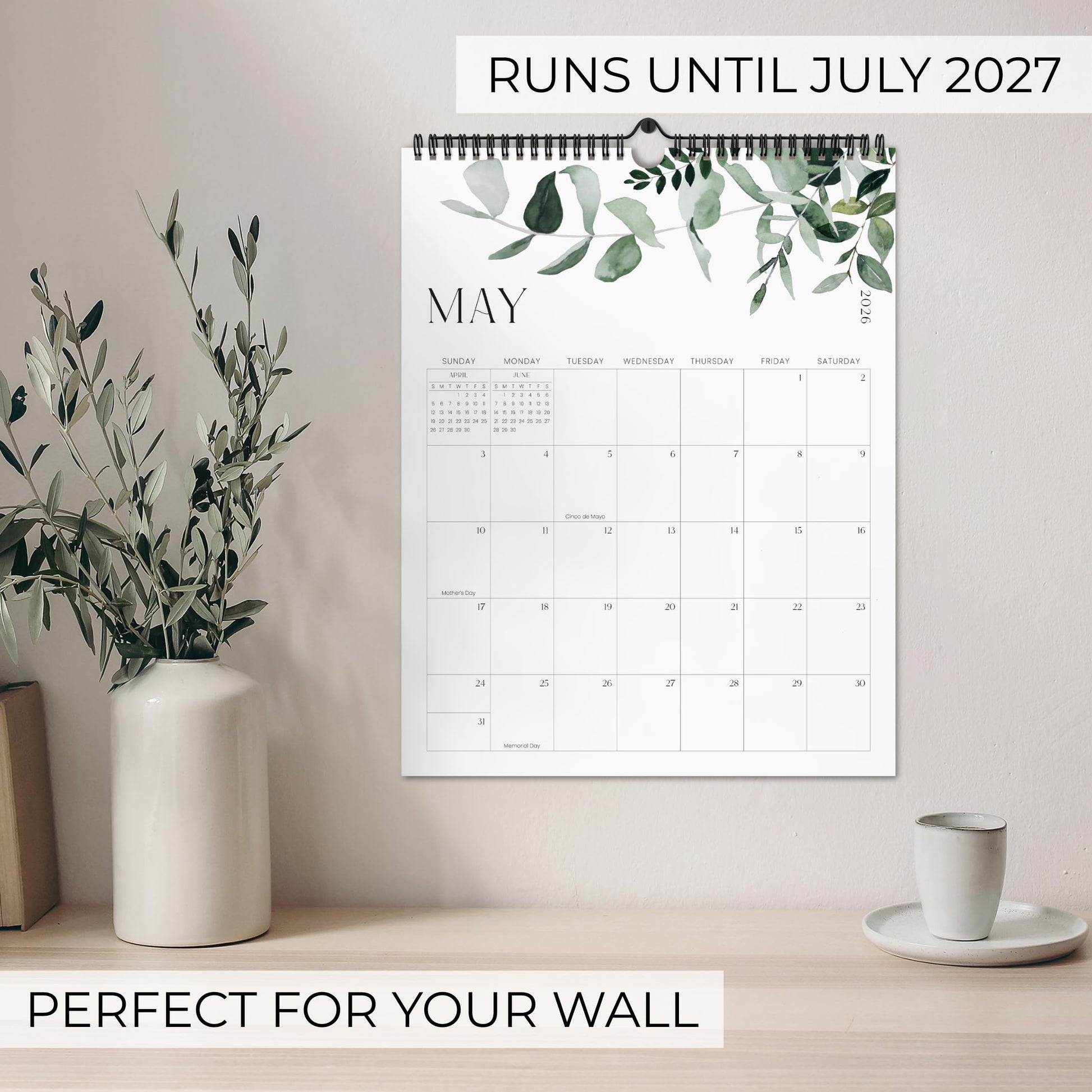 Aesthetic 2026-2027 Wall Calendar - Runs from January 2026 Until July 2027 - The Perfect Modern Greenery Calendar Planner for Easy Organizing