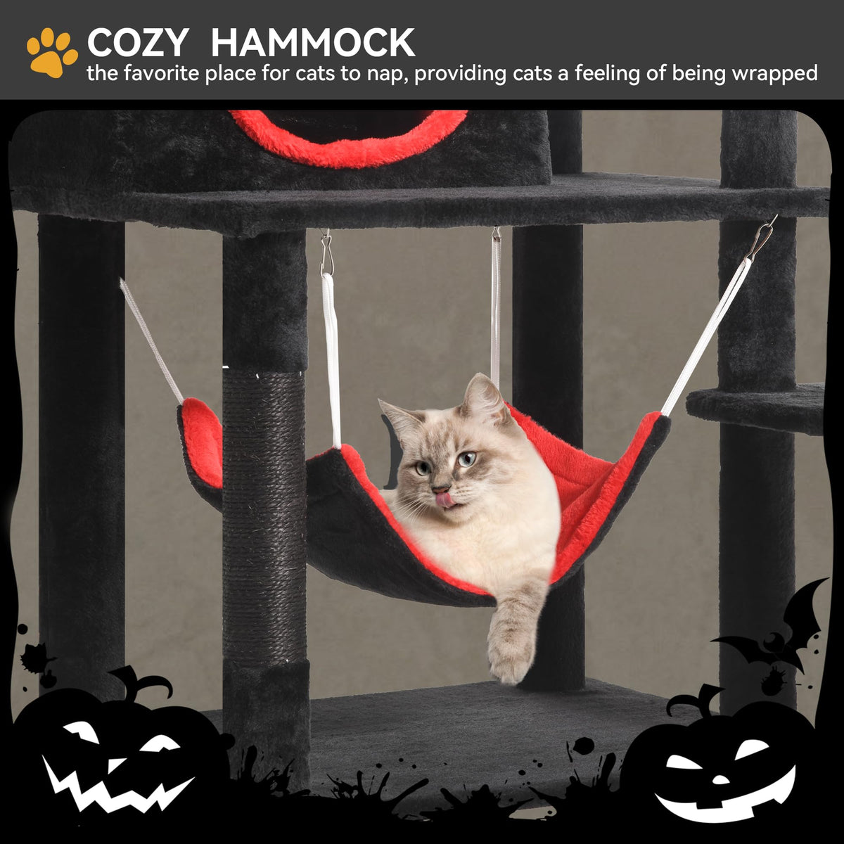 YITAHOME Gothic Cat Tree with Coffin Bed, 63" Tall Cat Tower for Indoor Cats with Top Perch, Spacious Cat Condos, Spider Hanging Balls,Comfy Hammock, Halloween Scratching Post and Ladder, Black
