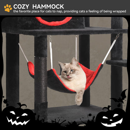 YITAHOME Gothic Cat Tree with Coffin Bed, 63" Tall Cat Tower for Indoor Cats with Top Perch, Spacious Cat Condos, Spider Hanging Balls,Comfy Hammock, Halloween Scratching Post and Ladder, Black
