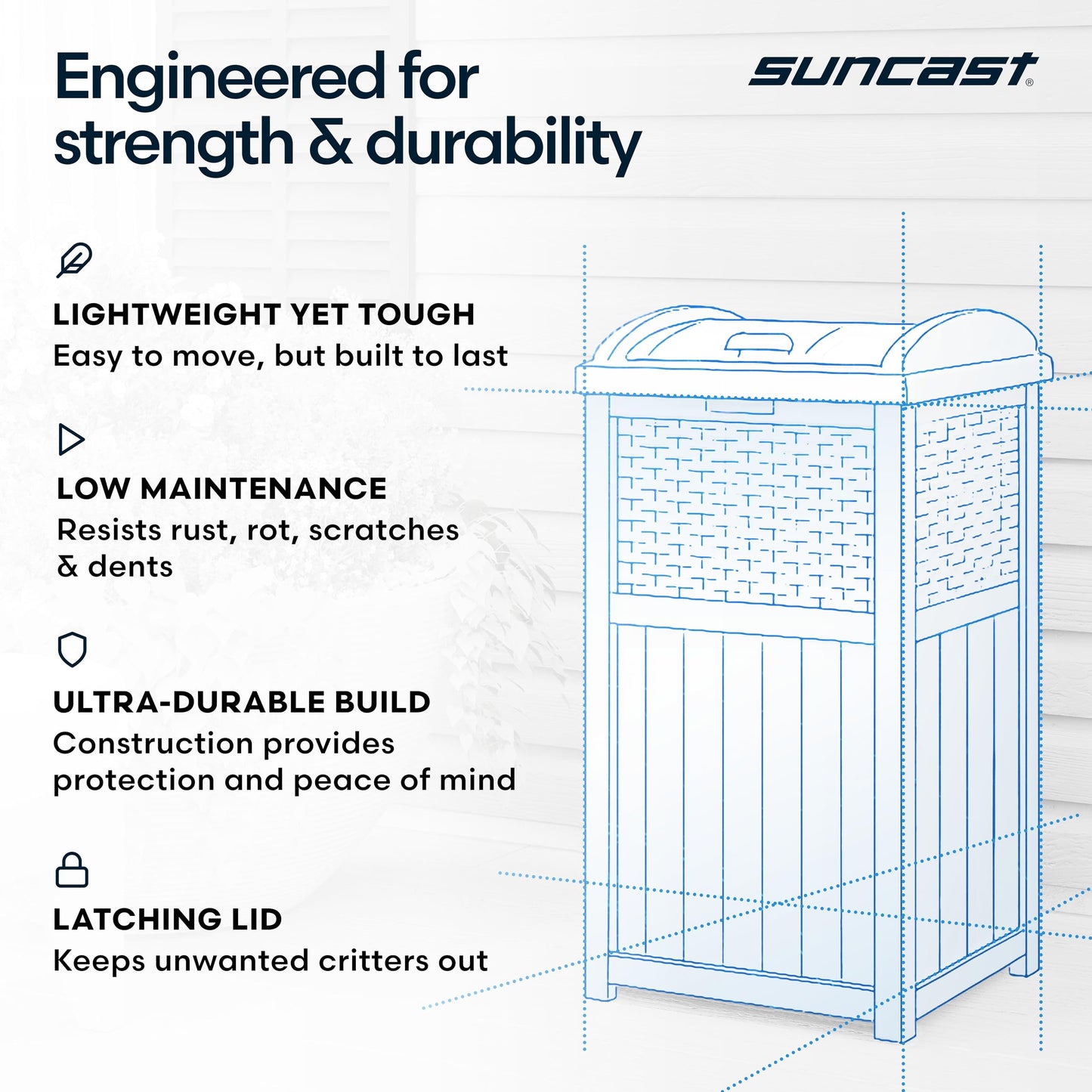 Suncast 33 Gallon Wicker-Style Hideaway Trash Can with Secure Latching Lid and Weather-Resistant Construction for Patio, Cyberspace Grey, Made in the USA Suncast