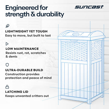 Suncast 33 Gallon Wicker-Style Hideaway Trash Can with Secure Latching Lid and Weather-Resistant Construction for Patio, Cyberspace Grey, Made in the USA Suncast