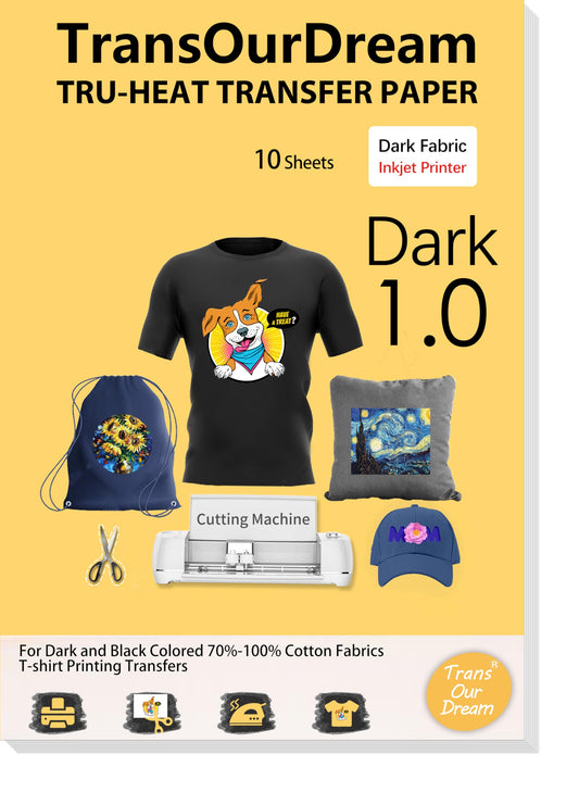 TransOurDream Iron on Heat Transfer Paper for Shirts(10 Sheets, 8.5x11) Iron-on Transfers Paper for Dark Fabric Printable Heat Transfer Vinyl for Inkjet Printer (CA-3-10)