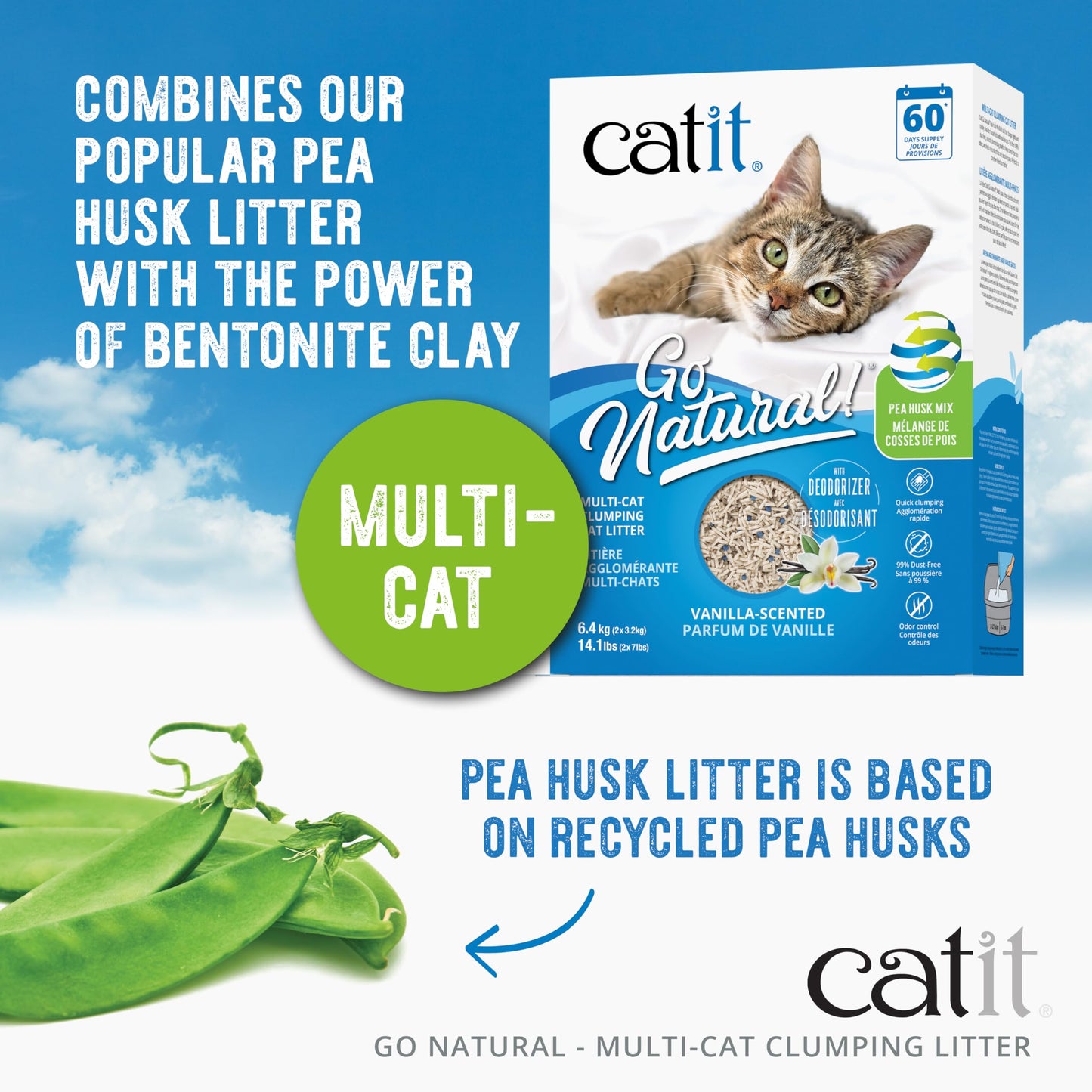 Catit Go Natural Pea Husk Multi-Cat Clumping Cat Litter, Vanilla, 6.4 kg, Dust Free & Lightweight Cat Litter, Cat Liter, Cat Litter Clumping, Bentonite Clay