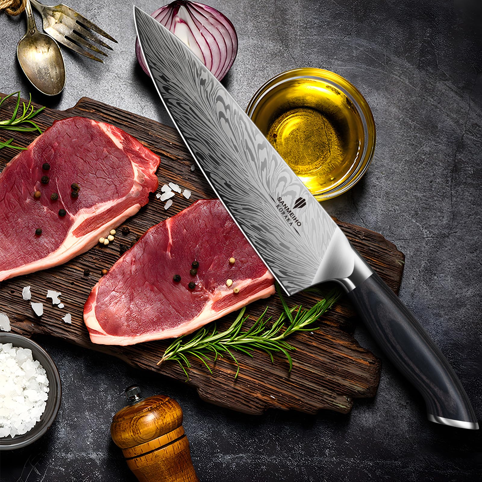 SANMEIHO Chef Knife in Powder Steel, Japanese Kitchen Knife 8 Inch, Ultra Sharp Chef's Knives, High Carbon Japanese Utility Knives for Meat Vegetable with Ergonomic Pakkawood Handle - Available at All In One Marketplace Canada