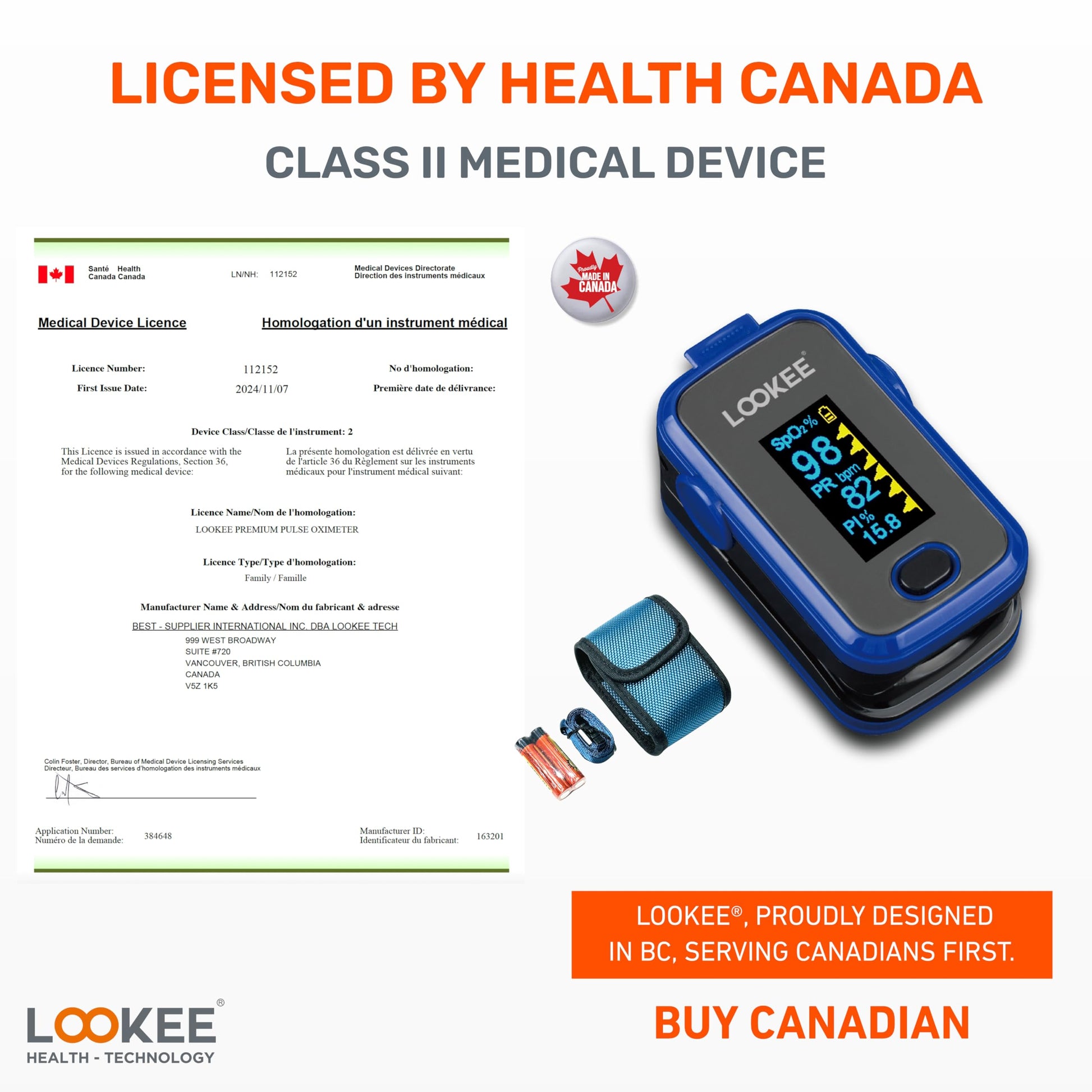 LOOKEE A310 Premium Pulse Oximeter Finger Heart Rate Oxygen Monitor | Proudly Canadian | SpO2 Blood Oxygen Level | Medical Accuracy, Alarm & PI | OLED Display | Carry Case & Batteries | Blue