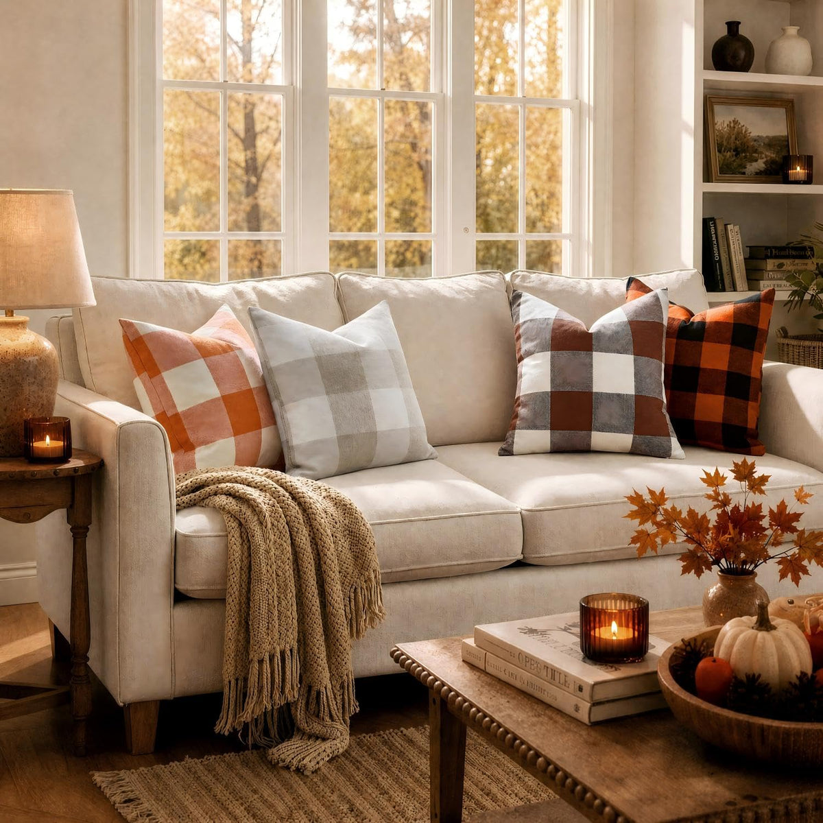 MIULEE Pack of 2 Farmhouse Buffalo Check Plaids Polyester Linen Soft Soild Decorative Square Throw Pillow Covers Home Decor Cushion Case for Christmas Sofa Bedroom 18x18 Inch Cream White and White 🍁 All In One Marketplace Canada