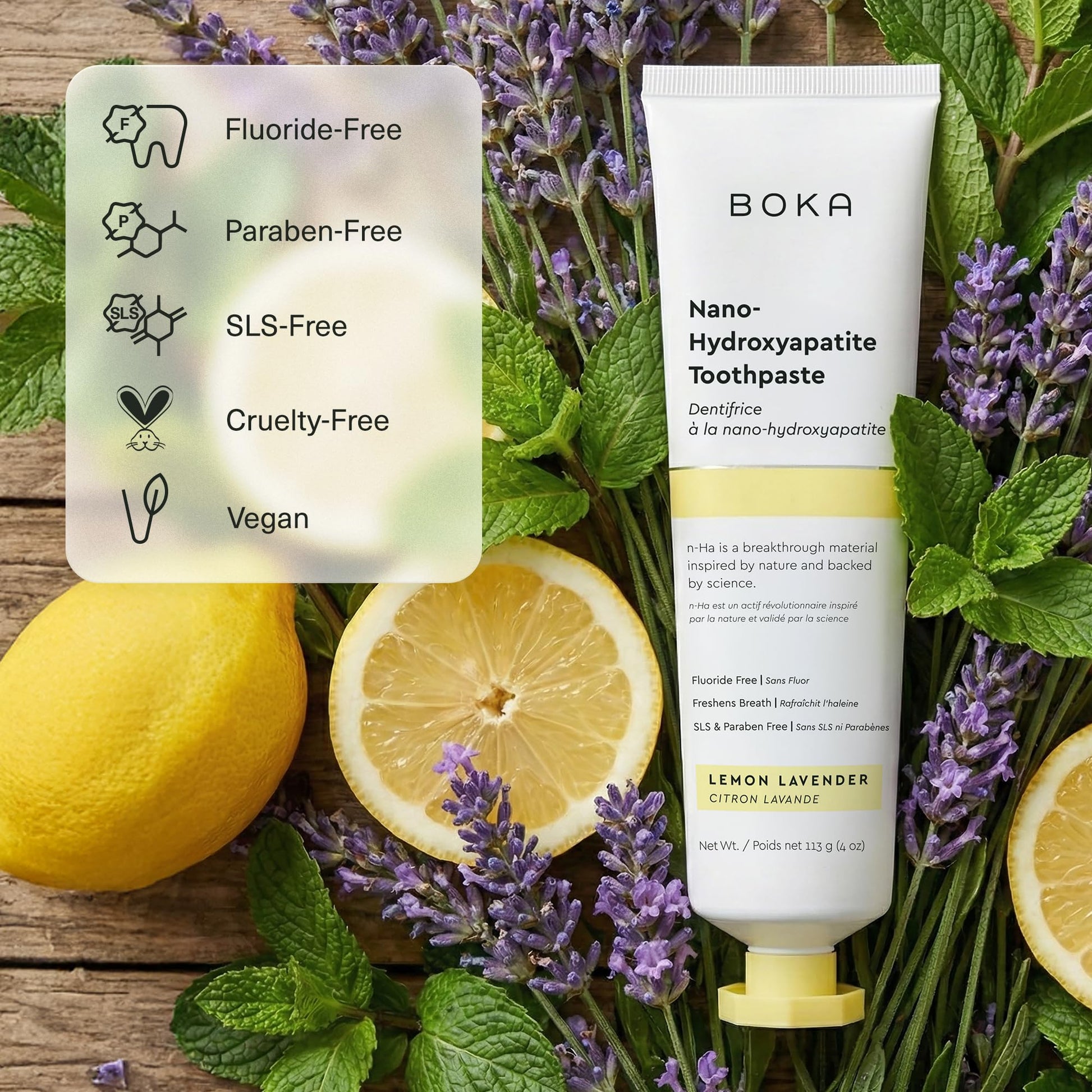 Boka Fluoride Free Toothpaste, Nano Hydroxyapatite Toothpaste, Appropriate for Sensitive Teeth - for Adult Oral Care - Lemon Lavender Flavor, 4 Fl Oz (113g) 1Pk