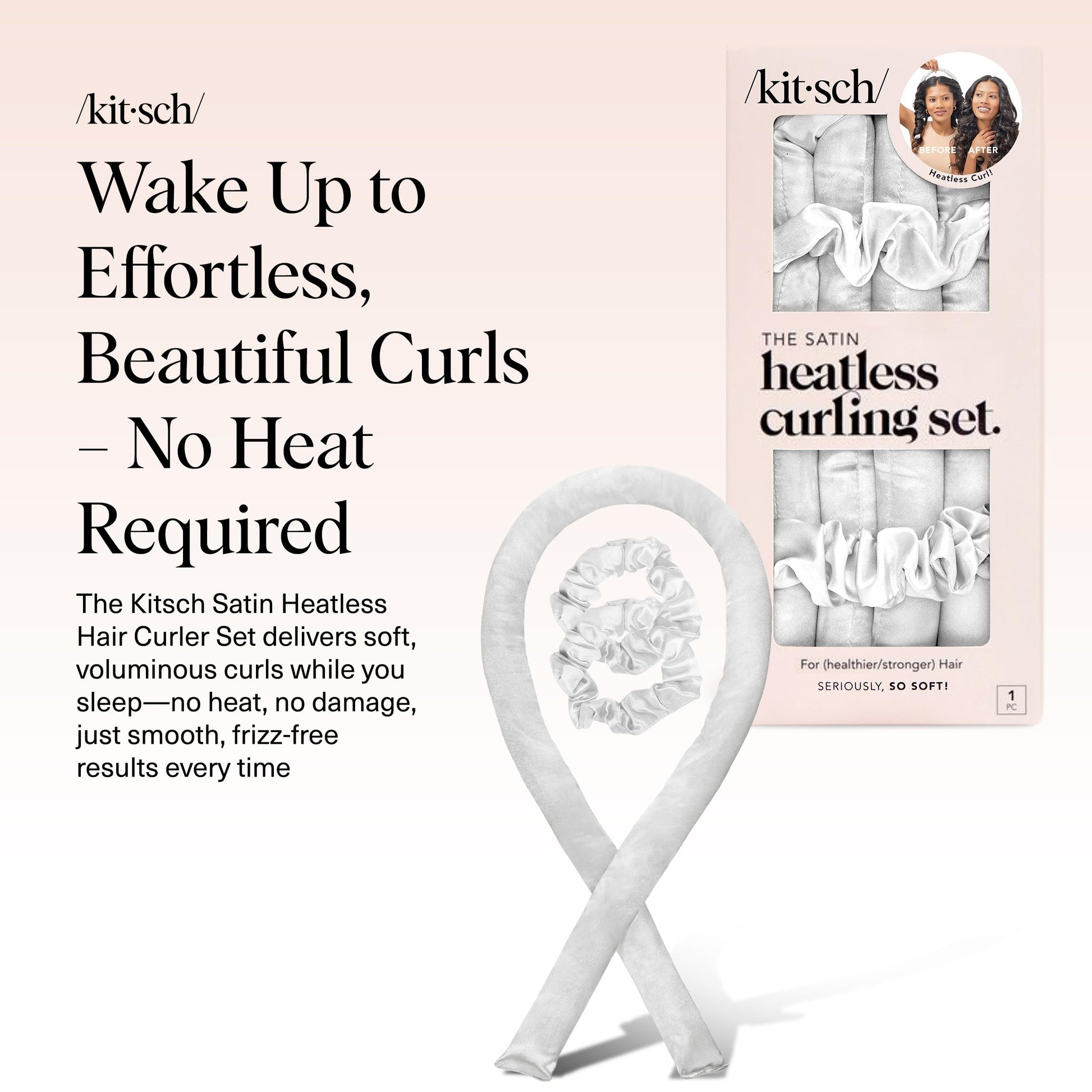 Kitsch Satin Heatless Curlers Set – Heatless Curls Overnight w/ 34" Hair Waver & 2 Satin Hair Scrunchies, Comfortable Hair Curlers to Sleep In for Frizz-Free, No Heat Damage Styling - Ivory