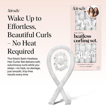 Kitsch Satin Heatless Curlers Set – Heatless Curls Overnight w/ 34" Hair Waver & 2 Satin Hair Scrunchies, Comfortable Hair Curlers to Sleep In for Frizz-Free, No Heat Damage Styling - Ivory