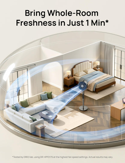 DREO Smart Fan For Bedroom, Standing Fans for Home, 120°+150° Oscillating Pedestal Fan Wi-Fi/Voice Control, 100ft 20db Quiet Circulator RGB Fan, DC Motor, 6 Modes, 12 Speeds, 37-42'' Adjustable Height - Available at All In One Marketplace Canada