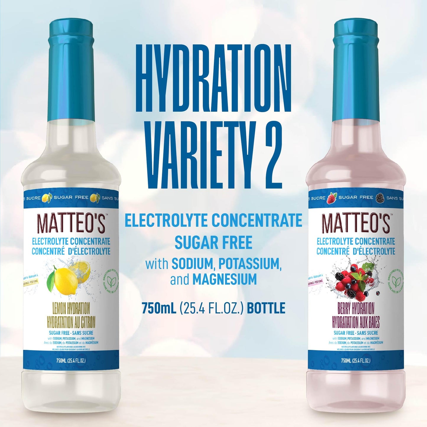 Matteo's Sugar-Free Hydration Concentrate - Electrolyte Drink for Quick Rehydration & Endurance, Ideal for Workouts, Travel, Heat & Sun, Delicious with Vitamins & Nutrients, Berry & Lemon Flavor, 750ml 2-Pack Matteo's