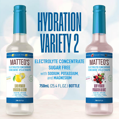 Matteo's Sugar-Free Hydration Concentrate - Electrolyte Drink for Quick Rehydration & Endurance, Ideal for Workouts, Travel, Heat & Sun, Delicious with Vitamins & Nutrients, Berry & Lemon Flavor, 750ml 2-Pack Matteo's