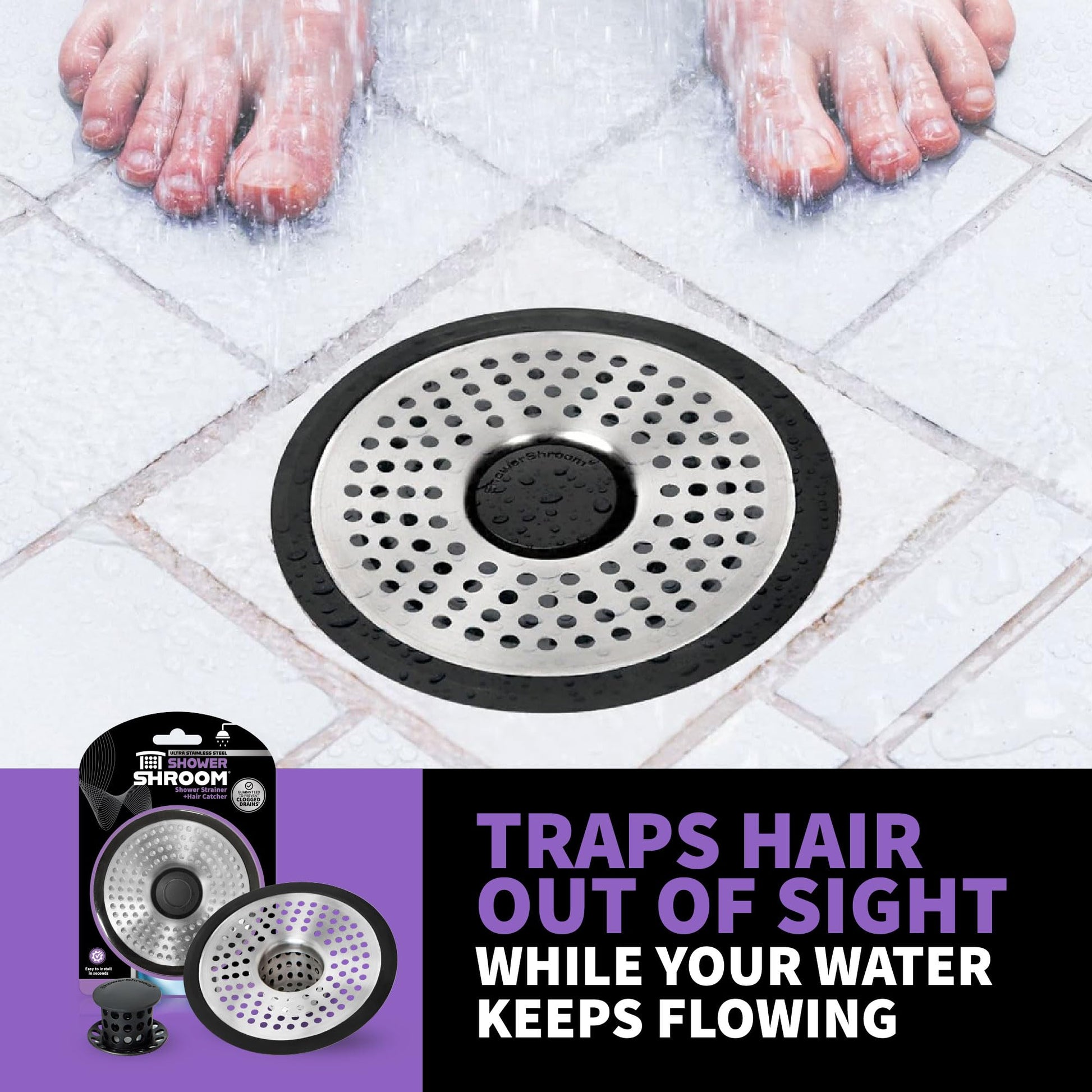 ShowerShroom SHSULT755 Ultra Revolutionary Shower Hair Catcher Drain Protector, Stainless - Available at All In One Marketplace Canada