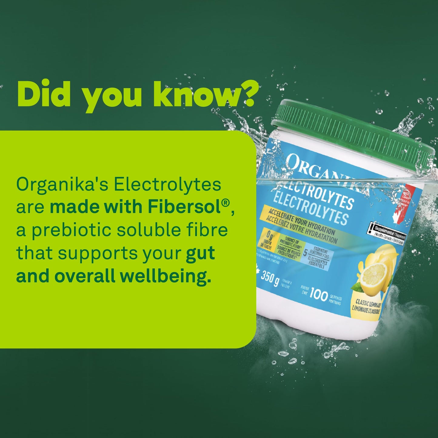 Organika Canadian-Made Electrolytes Powder with Vitamin C & Prebiotic Fibre - Sugar-Free Hydration Drink Mix - Classic Lemonade - 350 g - 100 servings Organika