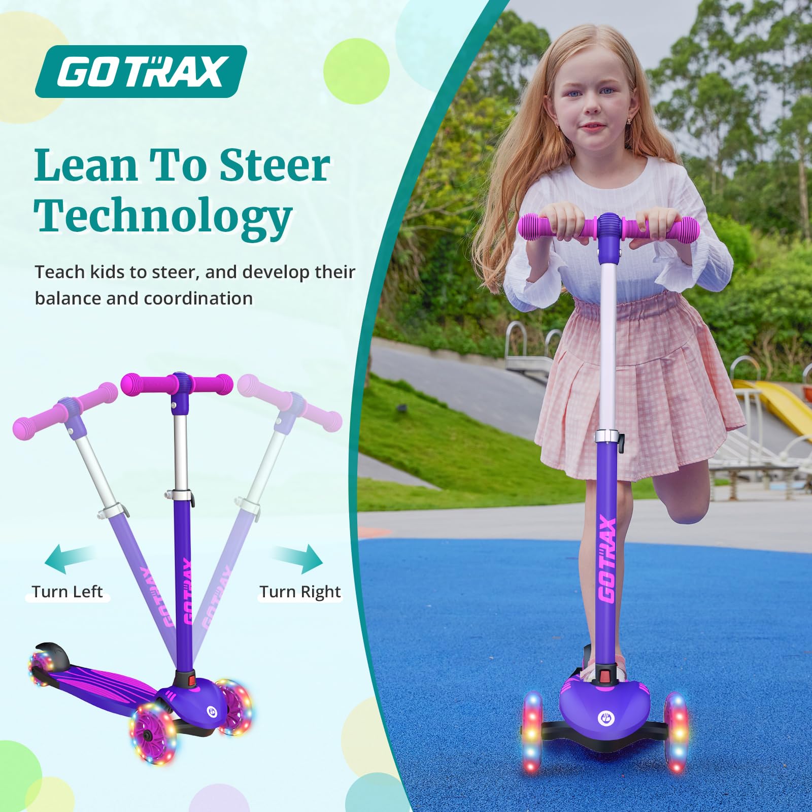 Gotrax KS1 Kids Kick Scooter, LED Lighted Wheels and 3 Adjustable Height Handlebars, Lean-to-Steer & Widen Anti-Slip Deck, 3 Wheel Scooter for Boys & Girls Ages 3+ and up to 100 Lbs (Purple)