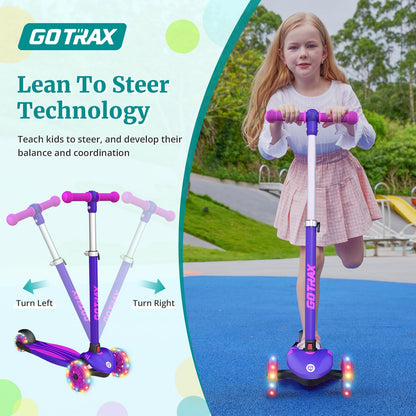 Gotrax KS1 Kids Kick Scooter, LED Lighted Wheels and 3 Adjustable Height Handlebars, Lean-to-Steer & Widen Anti-Slip Deck, 3 Wheel Scooter for Boys & Girls Ages 3+ and up to 100 Lbs (Purple)