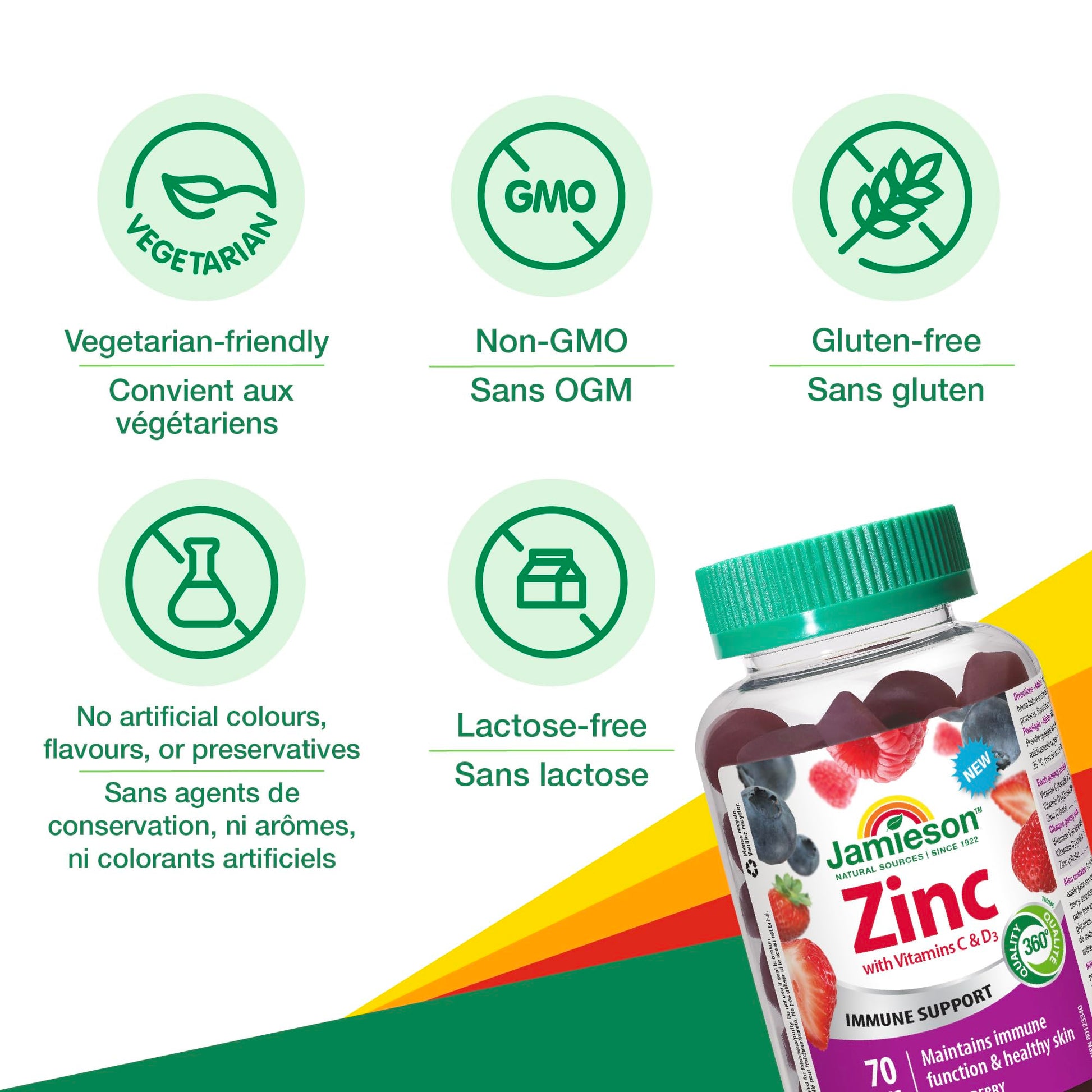 Jamieson Zinc 15 mg, 70 Gummies, Mixed Berry Flavour. With 50 mg Vitamin C and 400 IU Vitamin D3, Supports Immune Health, Bone Health, Healthy Hair, Skin, Nails. Vegetarian - Available at All In One Marketplace Canada
