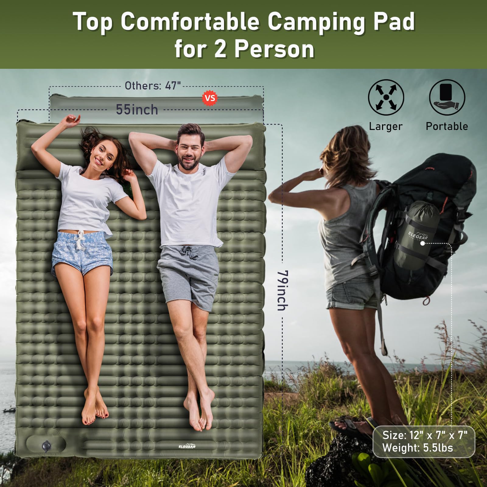 Double Camping Sleeping Pad 5.5", Elegear CumbreX™Self Inflating Air Sleeping Mats with Pillow Built-in Foot Pump, Inflatable Camping Mattress Compact for Tent,Cot Backpacking,Hiking,Camp,Travel,Green