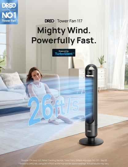 DREO Smart Tower Fan for Bedroom, 90° Oscillating Standing Fans for Room with 4 Speeds, 4 Modes, 25dB Quiet for Sleep, 25ft/s Velocity, 8H Timer, Remote/App/Voice Control for Living Room, Office, Home