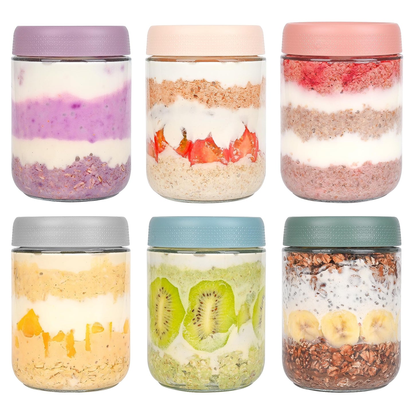 Xileanalee Overnight Oats Containers with Lids 6 Pack-16 Oz Mason Jar with Lids-Overnight Oats Jars Glass Food Storage Containers for Chia Seed Pudding Salad Cereal Coffee Spices - Available at All In One Marketplace Canada