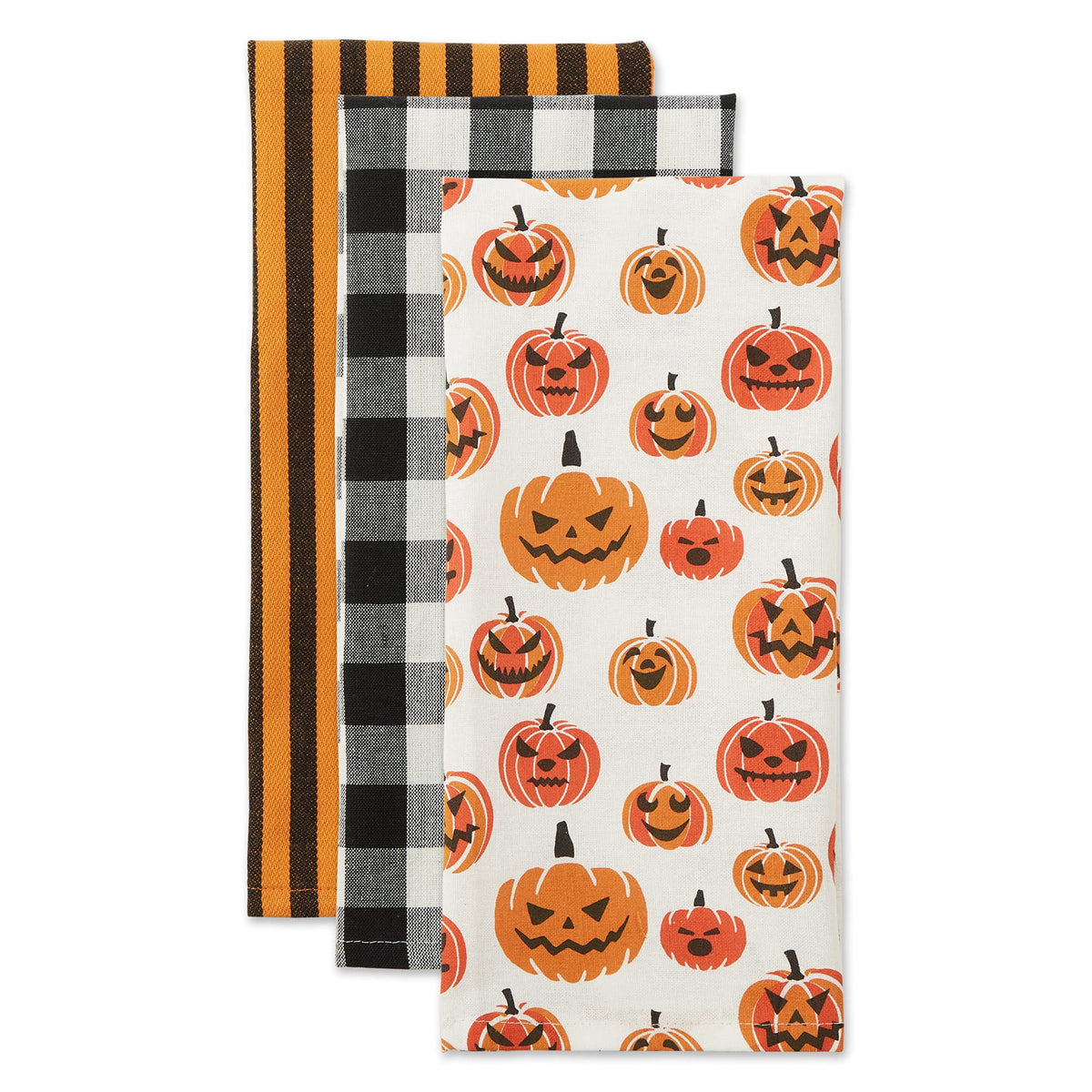 Lot de 3 torchons de cuisine décoratifs DII pour Halloween, motifs effrayants et amusants, coton imprimé, 46 x 71 cm, motif carreaux style buffalo noir et blanc/rayures orange